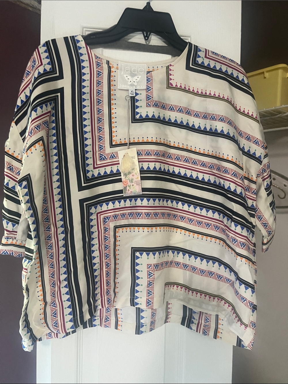 Johnny Was Cream Tunic with Black, Blue & Orange Geometric Print